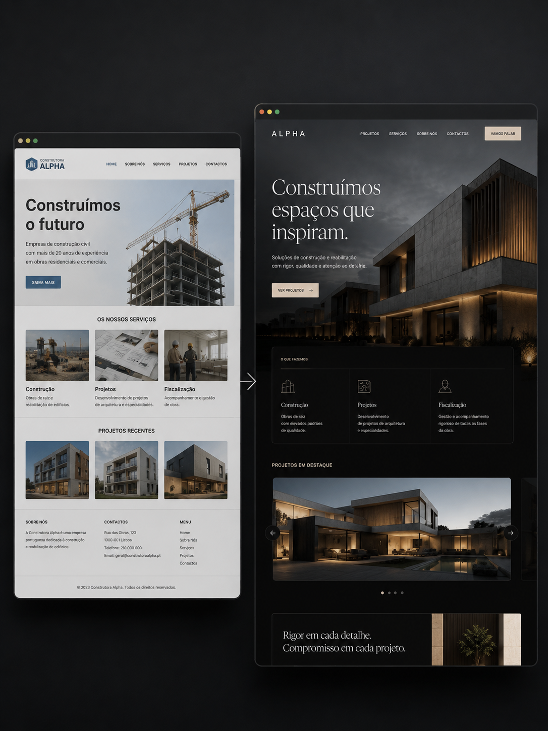 Transformação de um website antes e depois do redesign