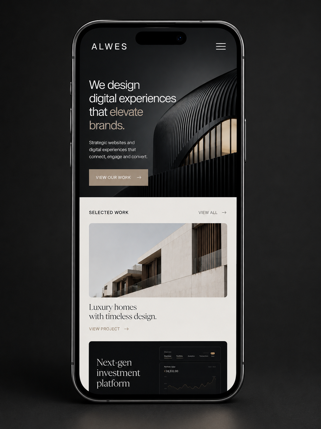 Website da Alwes Studio apresentado em smartphone